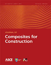 Journal of Composites for Construction cover with an image of carbon fiber on a red background. The journal title, ASCE logo, and Construction Institute logo are on the cover as well.